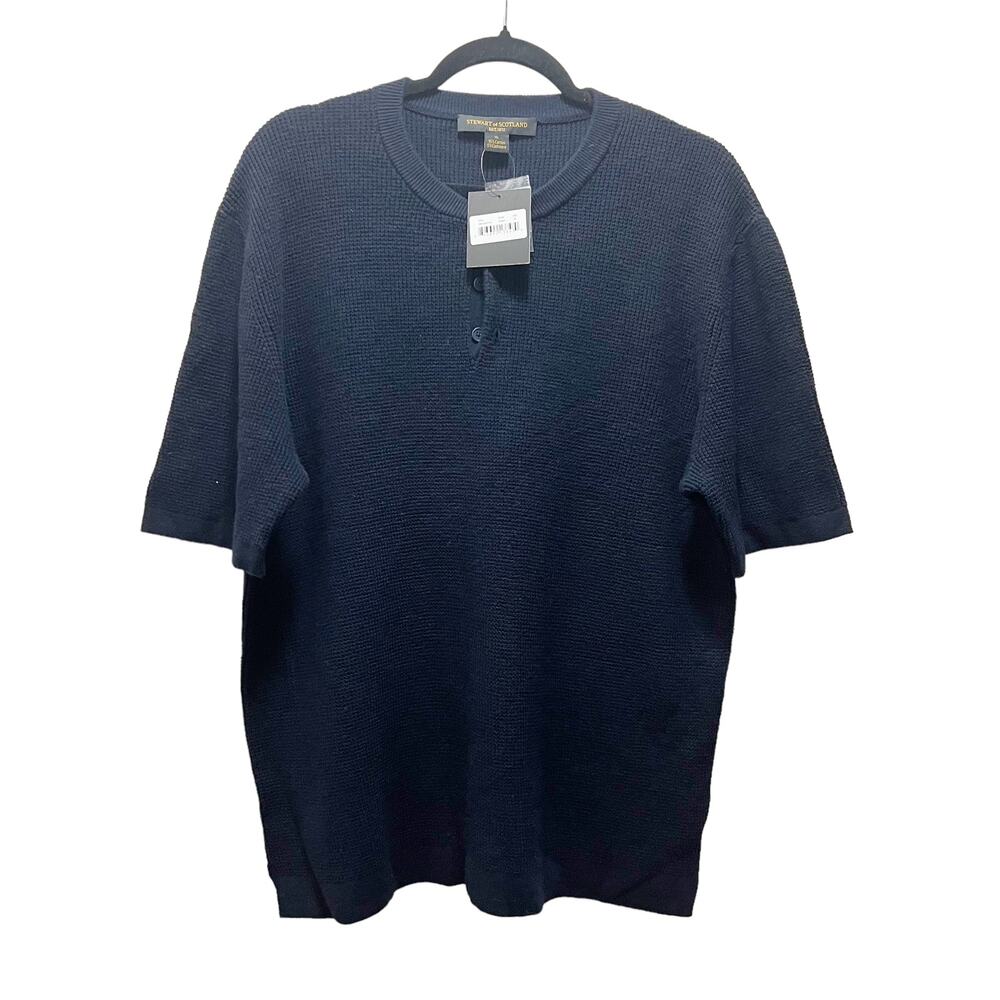 Steweart of Scotland Cashmere Blend Men's Knitted Short Sleeve Sweater Navy XL